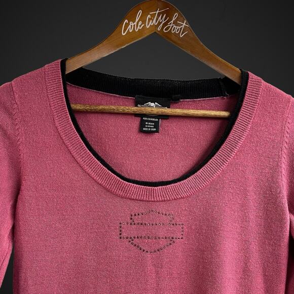 Harley Davidson Motorcycles Fitted Knit Top Bling Logo Rhinestones Small Pink - Picture 2 of 7